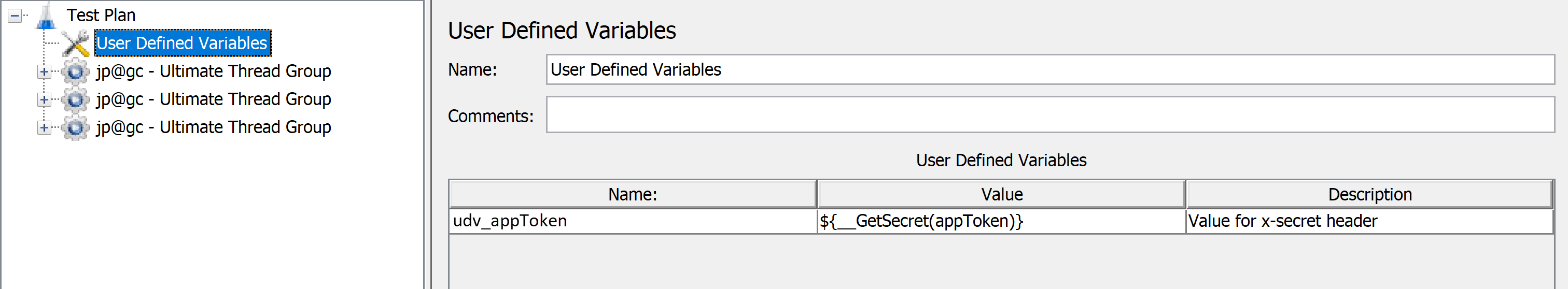 Apache JMeter スクリプトにユーザー定義変数を追加する方法を示すスクリーンショット。