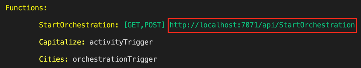 ローカル Azure Functions runtime の HTTP エンドポイント URL を示すターミナル出力のスクリーンショット。