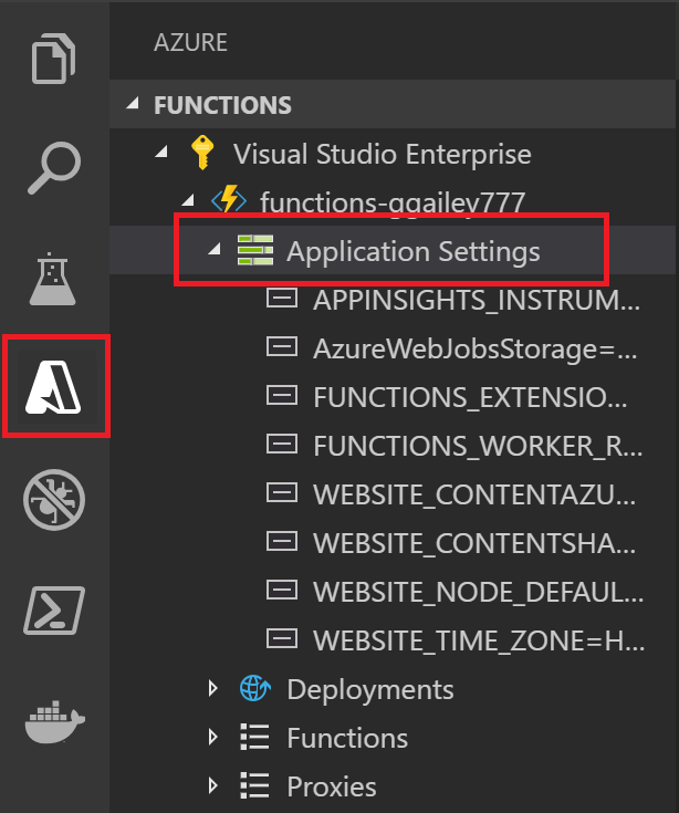 Visual Studio Code で関数アプリの設定を表示するためのスクリーンショット。