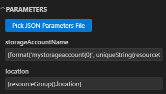 Visual Studio Code のデプロイ ウィンドウでパラメーター ファイルを選択するスクリーンショット。