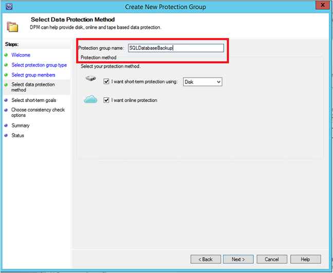 スクリーンショットは、データ保護方法 - 短期的なディスクとオンライン Azure を示しています。