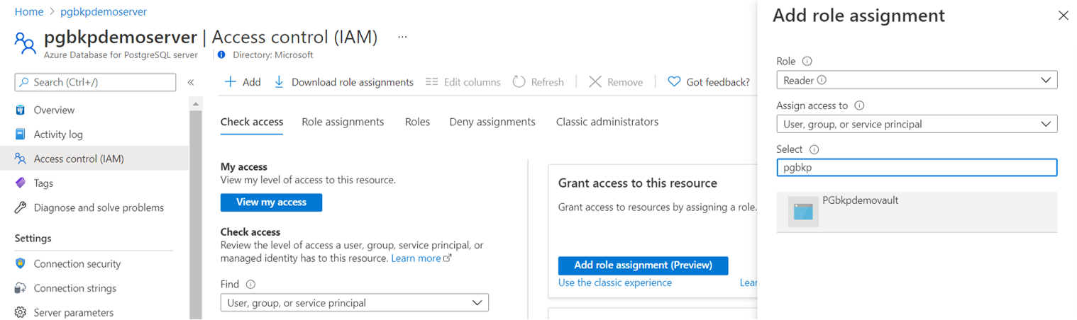 Azure Database for PostgreSQL サーバーに対して Azure Backup コンテナーの M S I 閲覧者アクセス権を設定するオプションを示すスクリーンショット。