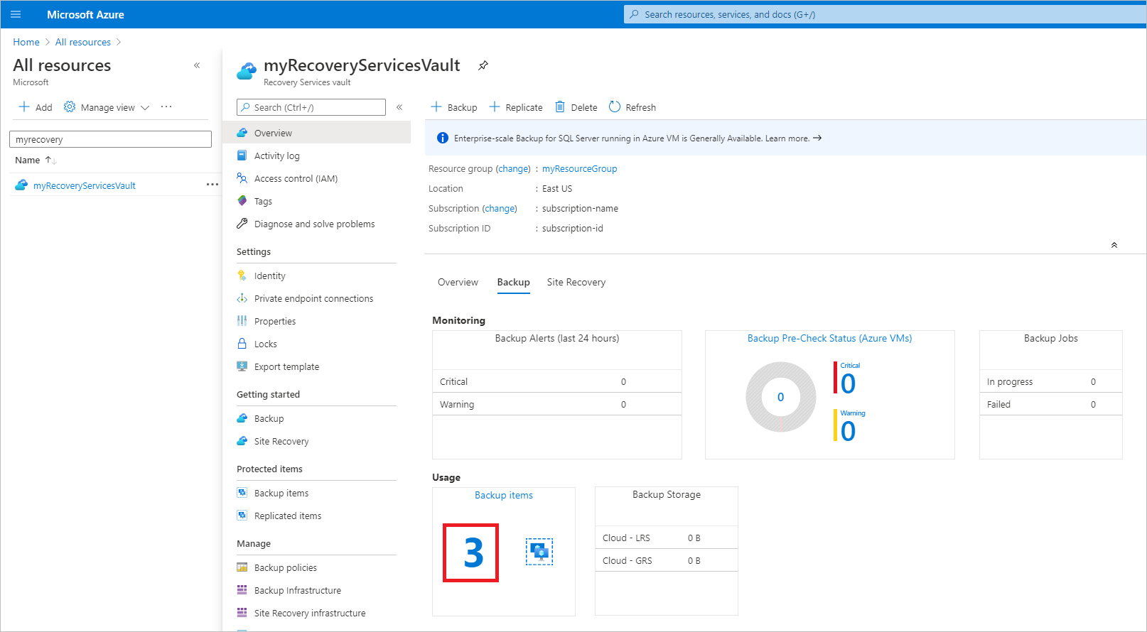 ダッシュボード上のリンクとしてのバックアップ項目の数を示すスクリーンショット。