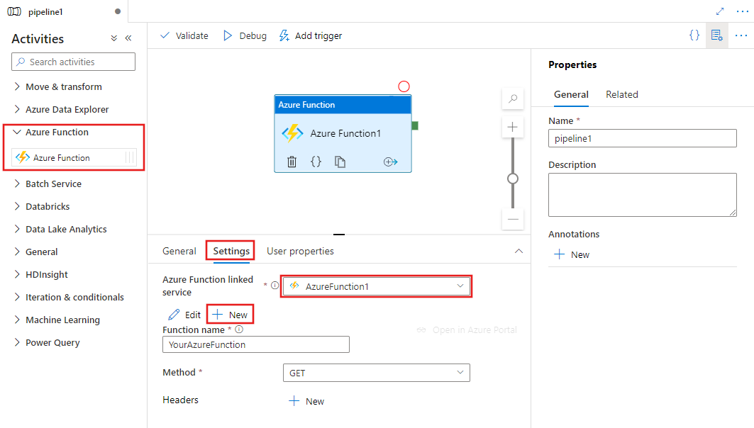 Azure Function の活動の UI のスクリーンショット。