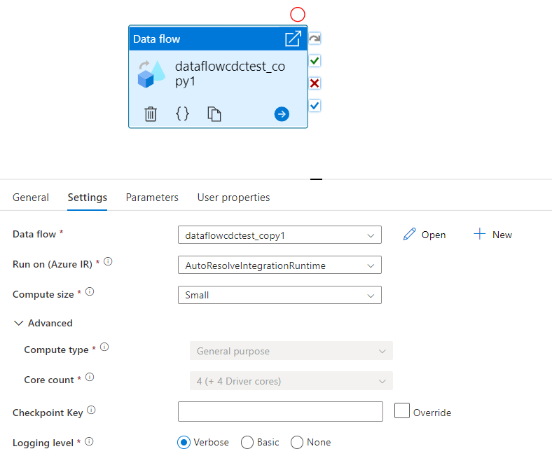 チェックポイント キーを持つData Flow アクティビティの UI を表示します。