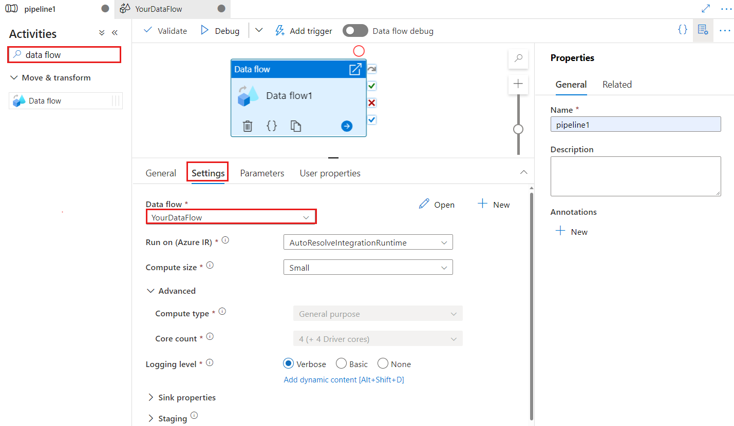 Data Flow アクティビティの UI を表示します。