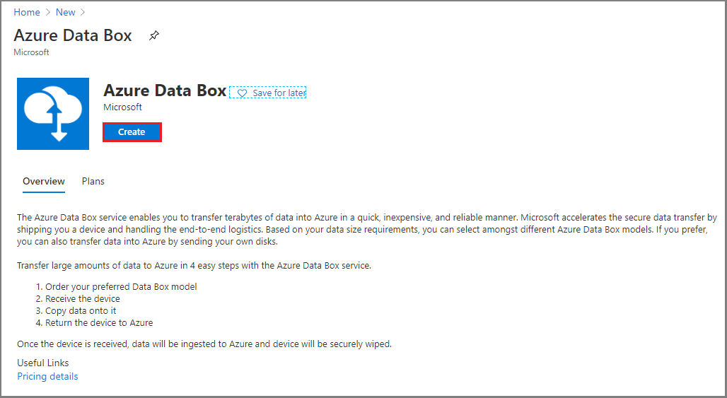 新しい Azure Data Box リソースを作成するときの [新しいリソース] ページの画面キャプチャ。