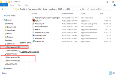 データ ソース ドライブと、Data Box Disk に割り当てられたドライブ文字のスクリーンショット
