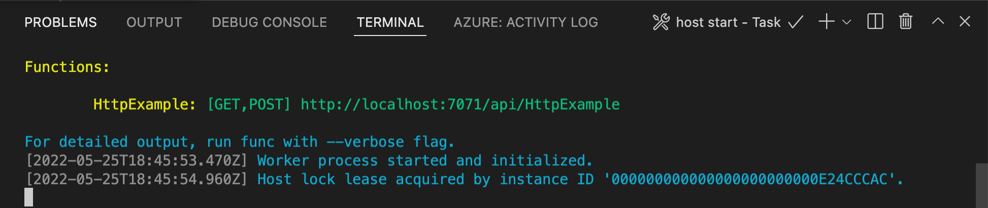 ローカル関数 VS Code の出力のスクリーンショット。
