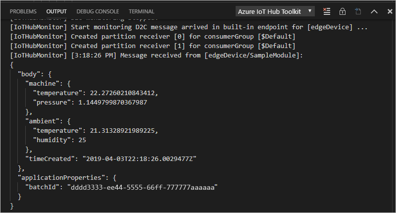 受信デバイスからクラウドへのメッセージを示すVisual Studio Code出力ウィンドウのスクリーンショット.