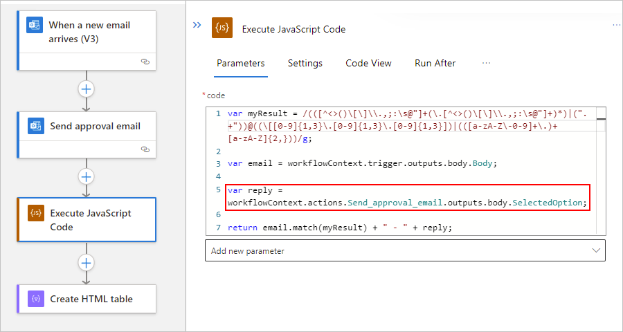 標準ワークフローと JavaScript コードの実行アクションを示すスクリーンショット。コード スニペットの例が更新されています。