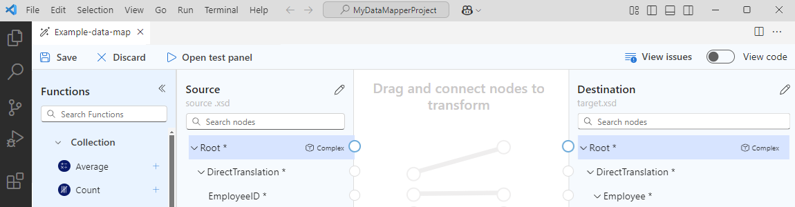 スクリーンショットには、ソース スキーマの XML 要素ノードが設定された [変換先] ペインが示されています。