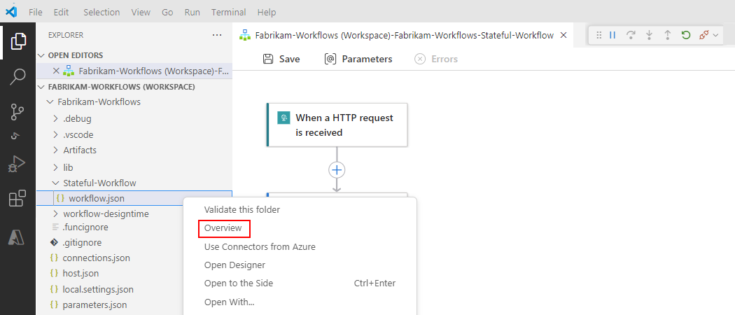 スクリーンショットは、エクスプローラー ペインの workflow.json ファイルのショートカットメニューで「概要」オプションが選択されている様子を示しています。