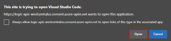 Visual Studio Code のリンクを開くプロンプトを示すスクリーンショット。