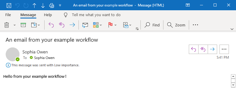 この例の説明に従って、Outlook の電子メールを示すスクリーンショット。