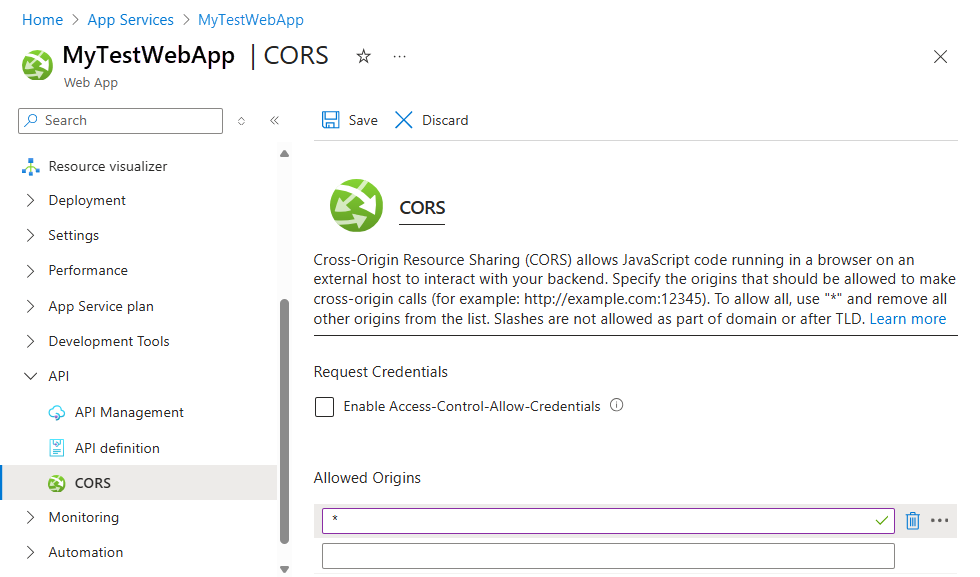Web アプリの [CORS] ペインのスクリーンショットで、[Allowed Origins] が * に設定されています。これにより、すべてが許可されます。