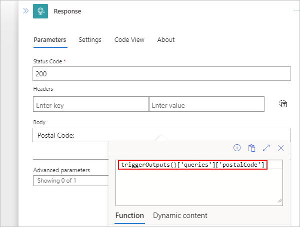 応答アクションを含むコンシュームワークフローと triggerOutputs 式の例を示すスクリーンショット。