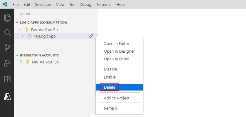 Visual Studio Code とロジック アプリ リソースを削除する方法を示すスクリーンショット。