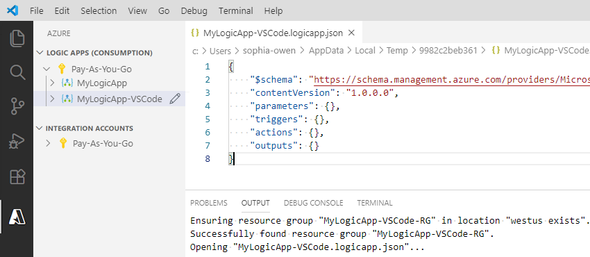 JSON ファイル内の空のロジック アプリ ワークフロー定義のフレームワークを示すスクリーンショット。