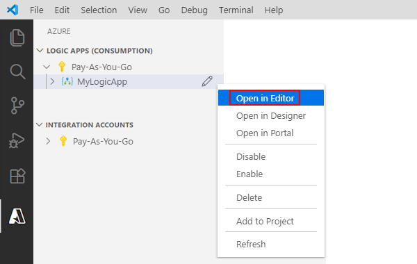 Azure ウィンドウ、ロジック アプリのショートカット メニュー、および [エディターで開く] が選択されていることを示すスクリーンショット。