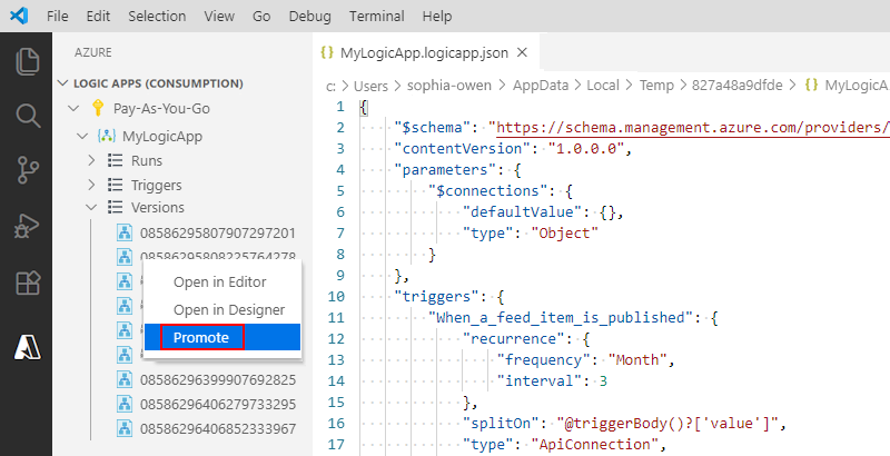 Visual Studio Code と、以前のロジック アプリのバージョンを現在のバージョンに昇格する方法を示すスクリーンショット。 