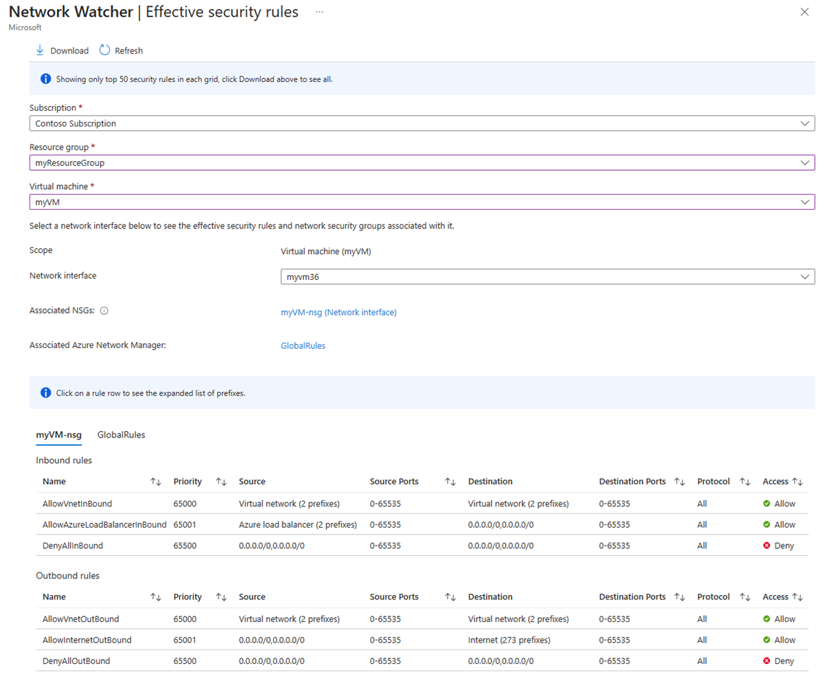 Azure portal の Azure Network Watcher の効果的なセキュリティ規則のスクリーンショット。