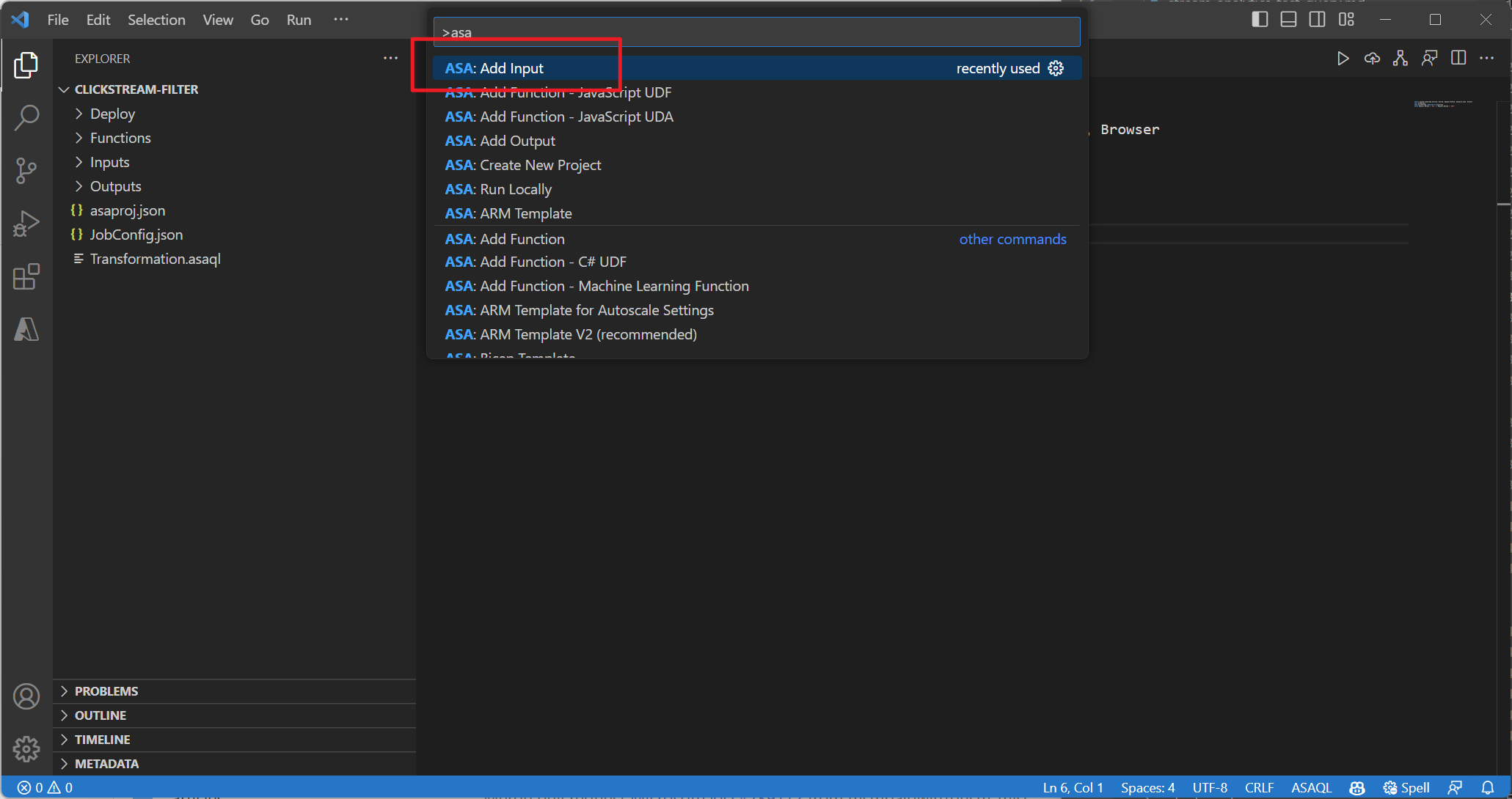 VS Code 拡張機能がコマンド パレットを介して入力を追加しているスクリーンショット。
