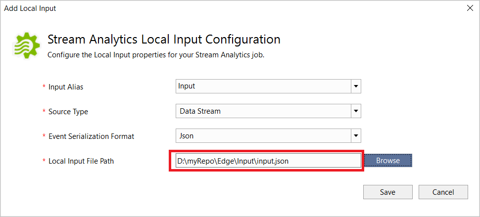 Visual Studio での Stream Analytics ジョブのローカル入力構成