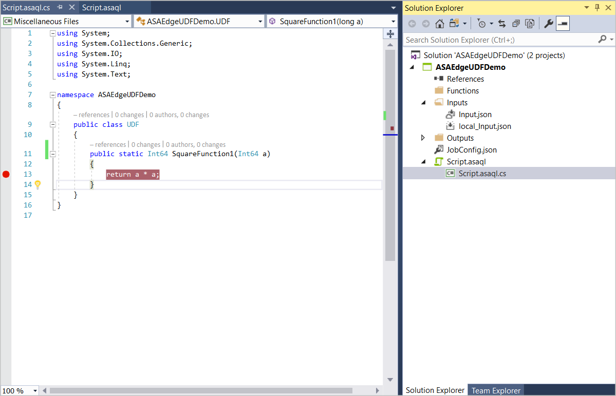 Visual Studio で Stream Analytics ユーザー定義関数にブレークポイントを追加する
