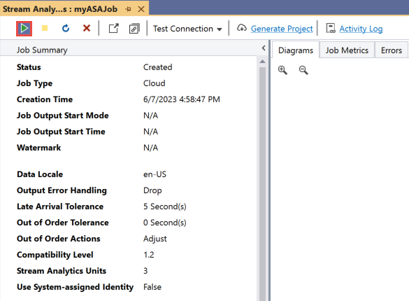 Visual Studio から Stream Analytics ジョブを開始するための [開始] ボタンを示すスクリーンショット。