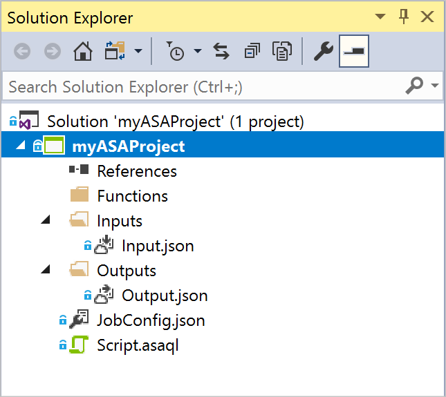 Visual Studio のサンプル Stream Analytics アプリケーション プロジェクトのソリューション エクスプローラー ウィンドウを示すスクリーンショット。