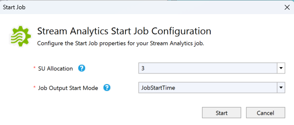 Stream Analytics の [ジョブの構成の開始] ダイアログ ボックスを示すスクリーンショット。