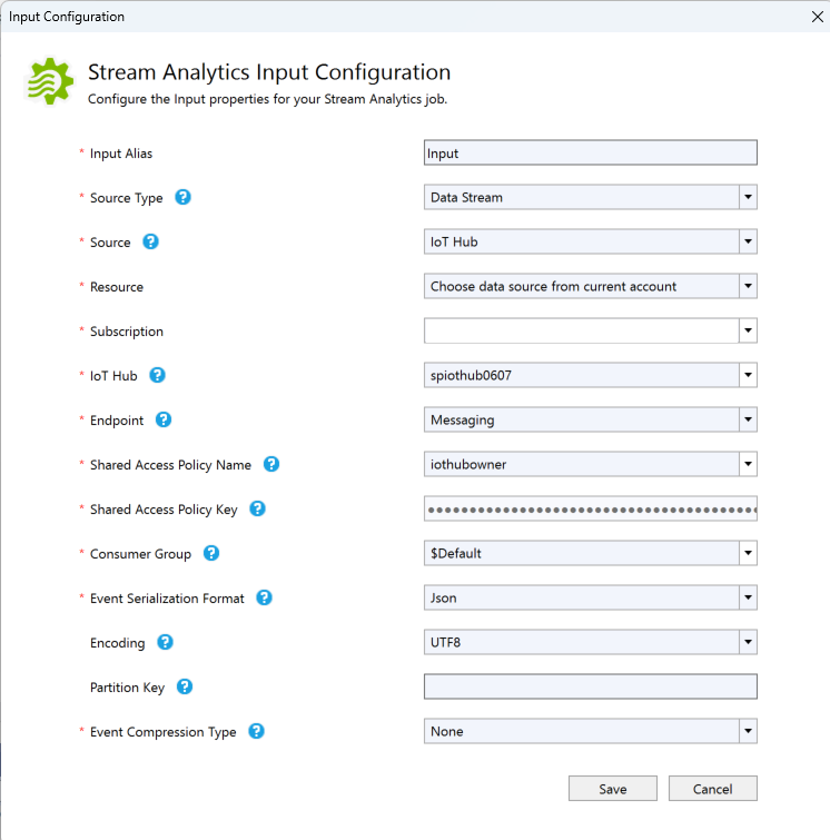 [Stream Analytics Input Configuration]\(Stream Analytics 入力の構成\) ページを示すスクリーンショット。