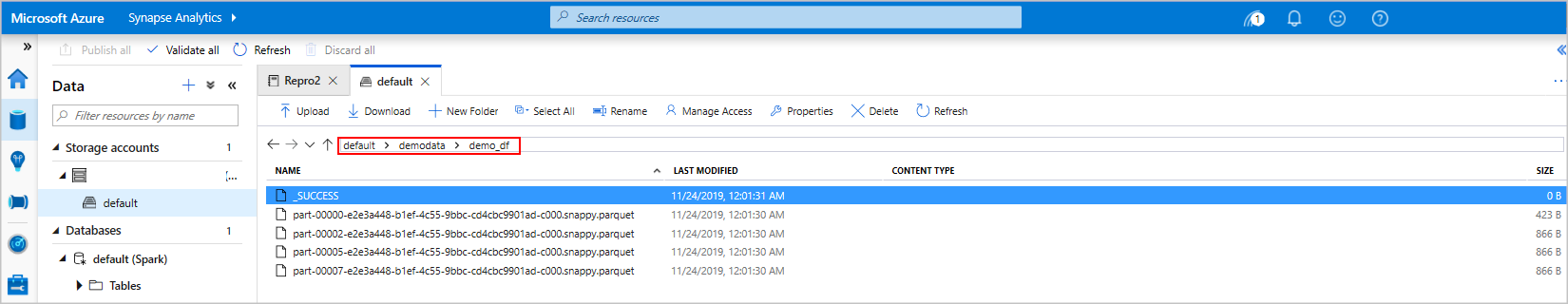 demodata > demo_df パスの既定>強調表示されているスクリーンショット。