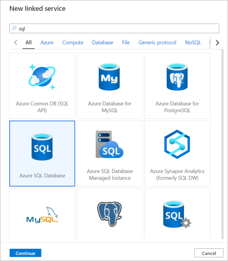 新しい Azure SQL Database のリンクされたサービスを作成する