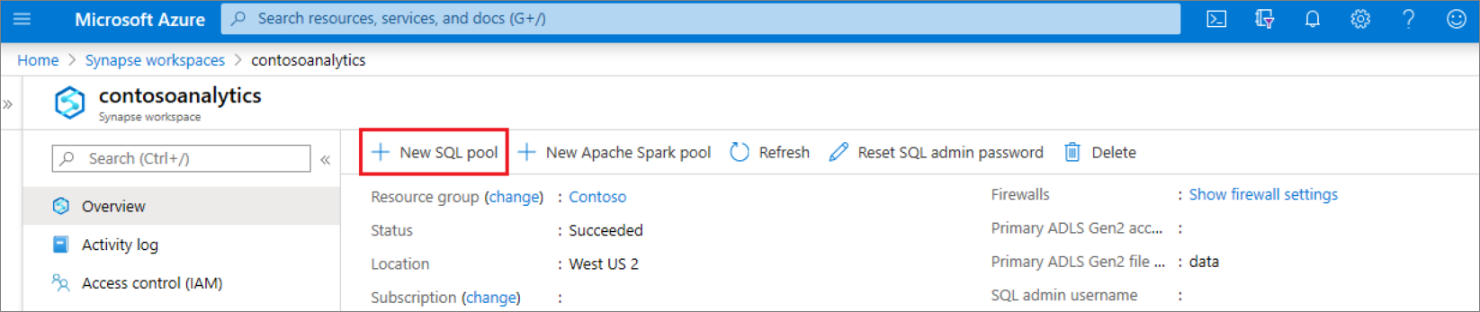 新しい専用 SQL プールを作成するためのコマンドを赤いボックスで囲む Synapse ワークスペースの概要。