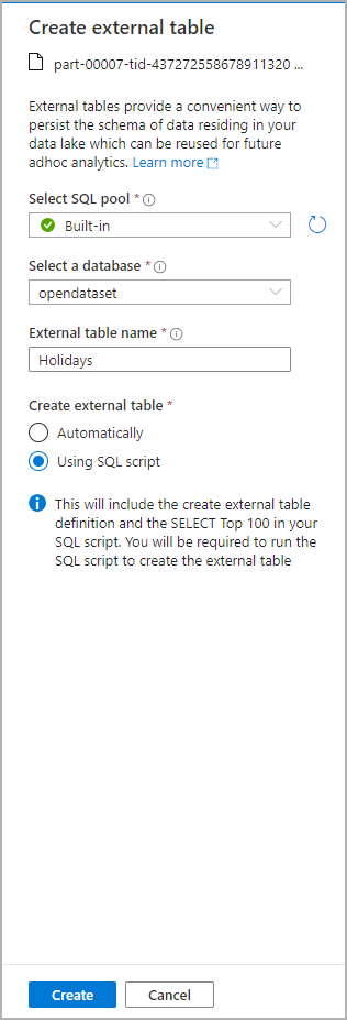 Azure Synapse Analytics の外部テーブル作成ダイアログの Azure portal のスクリーンショット。