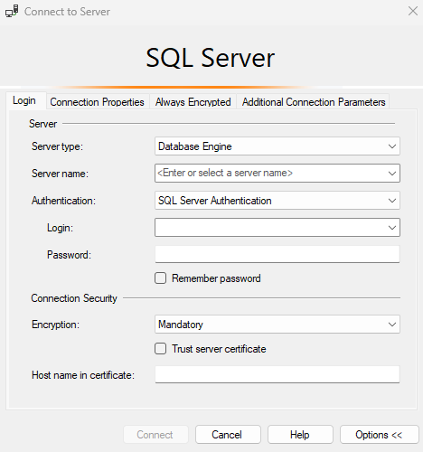 サーバーレス SQL プールの [サーバーへの接続] ダイアログ ボックスを示すスクリーンショット。