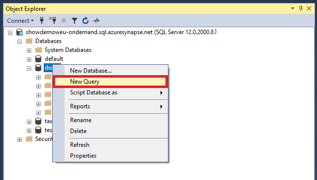 サーバーレス SQL プールの [新しいクエリ] ウィンドウのスクリーンショット。