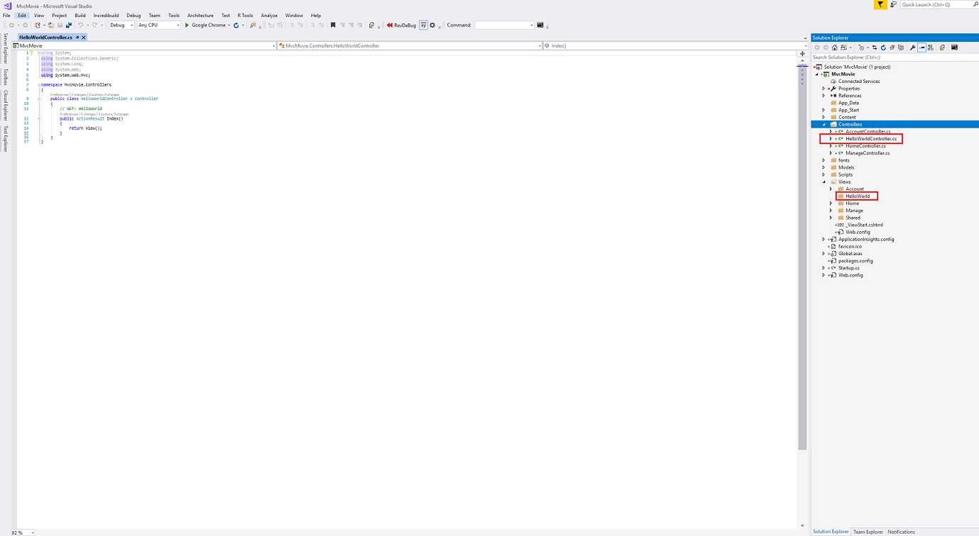 Hello World コントローラーのドット cs タブが開いているスクリーンショット。ソリューション エクスプローラーでは、Hello World Controller dot c s サブフォルダーと Hello World サブフォルダーが赤で囲まれています。