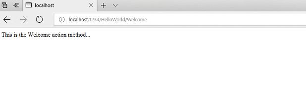 [ローカル ホスト] タブとテキストを示すスクリーンショット。これは、ウィンドウ内の Welcome アクション メソッドです。