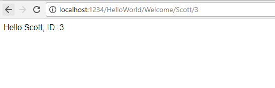 U R L ローカルホスト コロン 1 2 3 4 スラッシュ Hello World スラッシュ ウェルカム スラッシュ Scott スラッシュ 3 を示すブラウザーウィンドウのスクリーンショット。ウィンドウ内のテキストは Hello Scott ID 3 です。