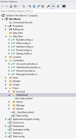 [ソリューション エクスプローラー] ウィンドウを示すスクリーンショット。Views フォルダーと Hello World サブフォルダーが開いています。