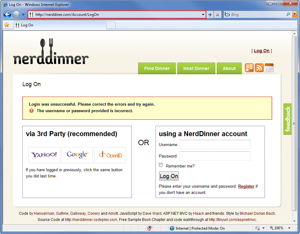 偽造された Nerd Dinner Log On ページを示すスクリーンショット。ユーザーに資格情報の再入力を求めます。タイトル バーの偽造された U R L が強調表示されています。