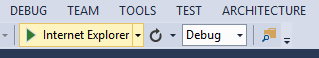 アプリケーションのデバッグ プロセスを示す矢印アイコンがツール バーで強調表示されている Visual Studio のスクリーンショット。