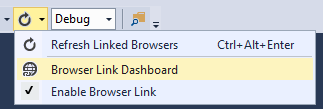 Visual Studio のスクリーンショット。ドロップダウン メニューで [更新] ボタンが強調表示され、ブラウザー リンク ダッシュボードが強調表示されています。
