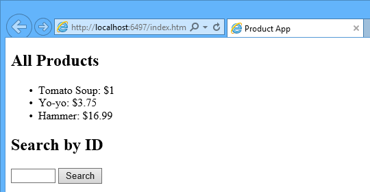 Web ブラウザーのスクリーンショット。すべての製品の箇条書きフォームとその価格が表示され、その下に [SEARCH by I D] フィールドが続きます。
