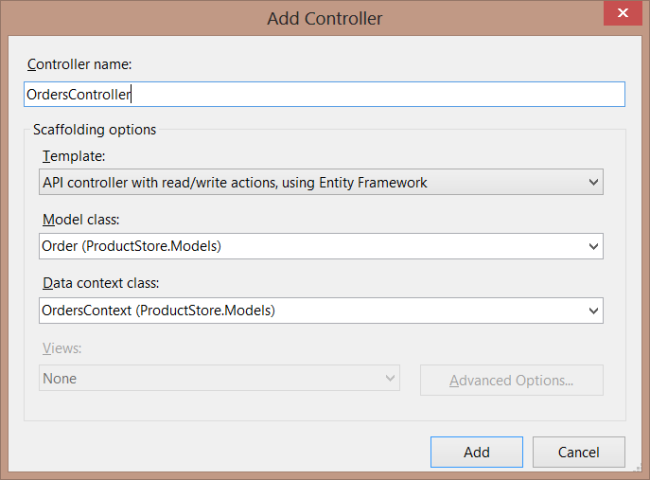 [コントローラーの追加] ダイアログ ボックスのスクリーンショット。OrdersController はテキスト ボックスに書き込まれます。