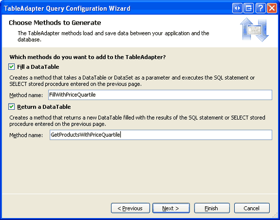 TableAdapter のメソッドに名前を付け、[完了] をクリックします