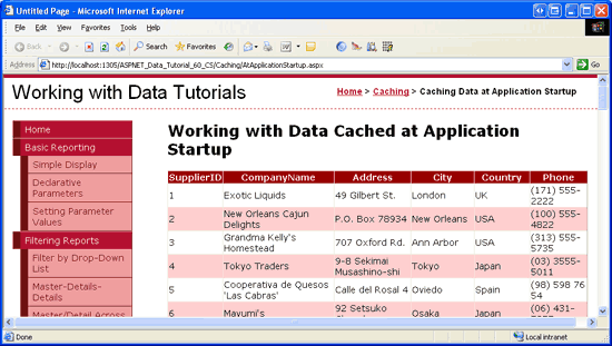 キャッシュされたサプライヤー データが GridView に表示される